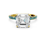 Yellow gold Asscher Cut Diamond Solitaire Ring with Round with Blue Topaz side stone Pavé Band and Prong Setting_12