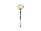 Yellow gold Asscher Cut Diamond Solitaire Ring with Round with Blue Topaz side stone Pavé Band and Prong Setting_14