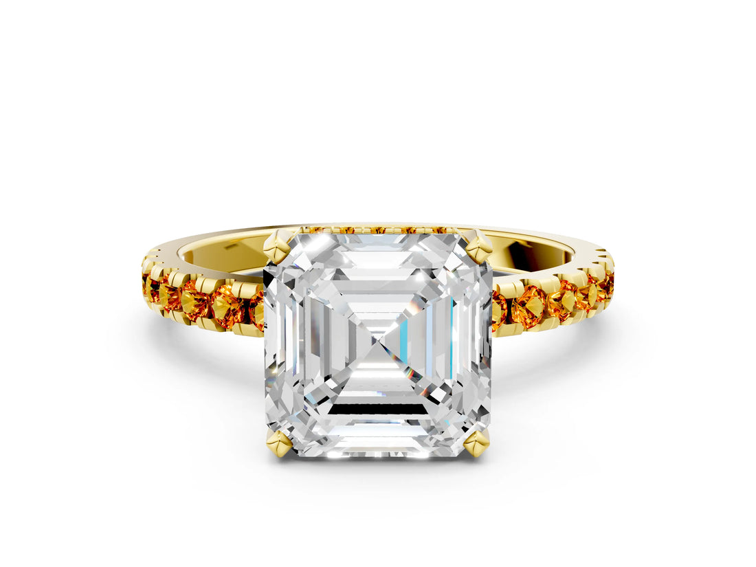 Yellow gold Asscher Cut Diamond Solitaire Ring with Round with Citrine side stone Pavé Band and Four-Prong Setting_36