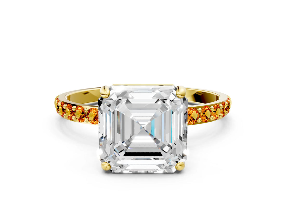 Yellow gold Asscher Cut Diamond Solitaire Ring with Round with Citrine side stone Pavé Band and Prong Setting_12