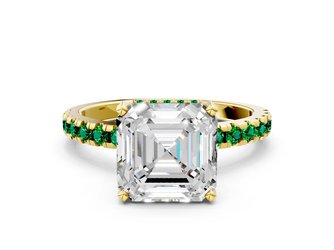 Yellow gold Asscher Cut Diamond Solitaire Ring with Round with Emerald side stone Pavé Band and Four-Prong Setting_36
