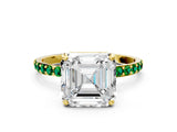 Yellow gold Asscher Cut Diamond Solitaire Ring with Round with Emerald side stone Pavé Band and Prong Setting_24