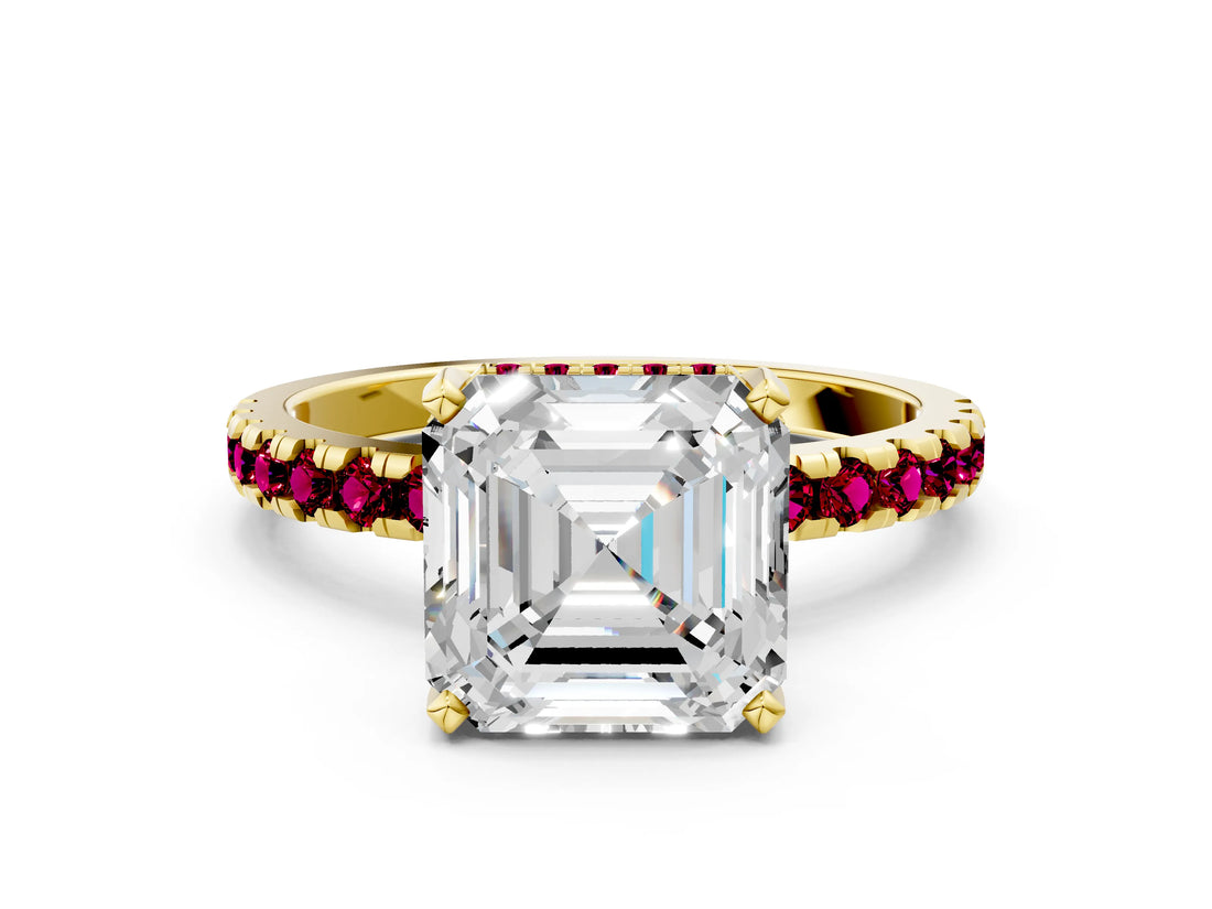 Yellow gold Asscher Cut Diamond Solitaire Ring with Round with Garnet side stone Pavé Band and Four-Prong Setting_36