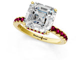 Yellow gold Asscher Cut Diamond Solitaire Ring with Round with Garnet side stone Pavé Band and Four-Prong Setting_37