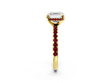 Yellow gold Asscher Cut Diamond Solitaire Ring with Round with Garnet side stone Pavé Band and Four-Prong Setting_38