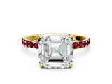 Yellow gold Asscher Cut Diamond Solitaire Ring with Round with Garnet side stone Pavé Band and Prong Setting_24
