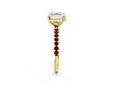 Yellow gold Asscher Cut Diamond Solitaire Ring with Round with Garnet side stone Pavé Band and Prong Setting_26
