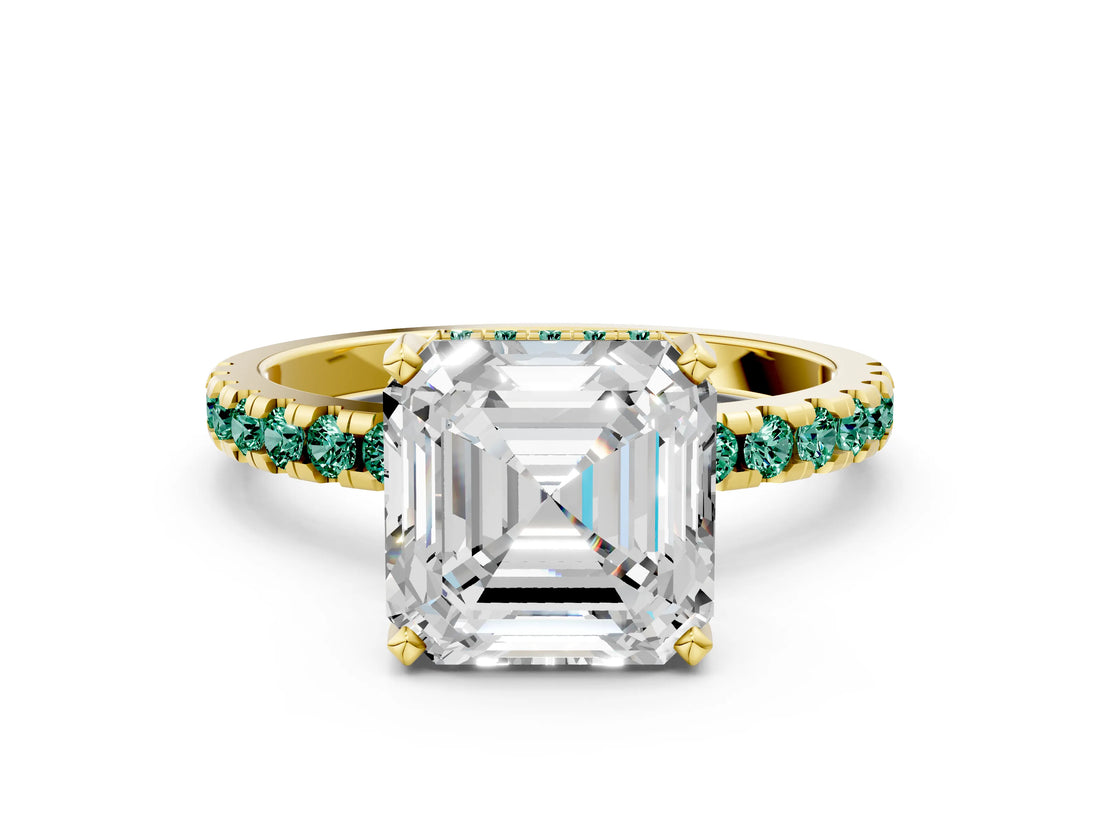 Yellow gold Asscher Cut Diamond Solitaire Ring with Round with Green Sapphire side stone Pavé Band and Four-Prong Setting_36