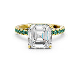 Yellow gold Asscher Cut Diamond Solitaire Ring with Round with Green Sapphire side stone Pavé Band and Four-Prong Setting_36
