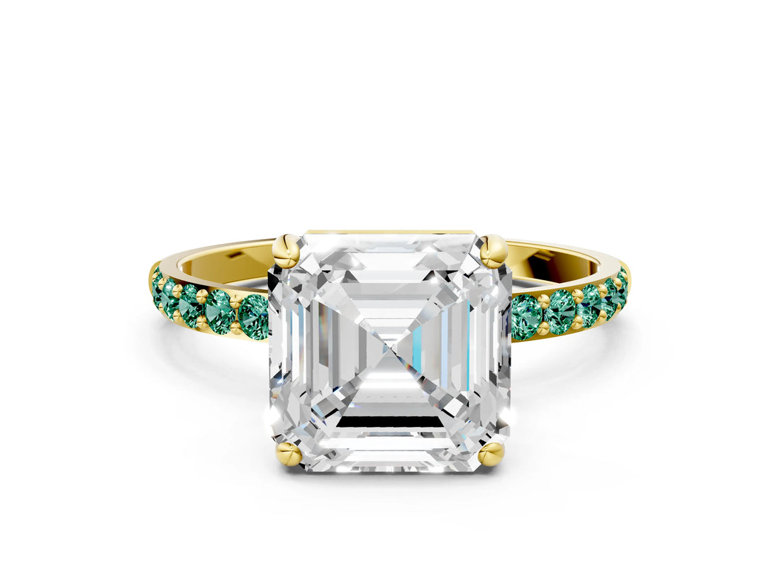 Yellow gold Asscher Cut Diamond Solitaire Ring with Round with Green Sapphire side stone Pavé Band and Prong Setting