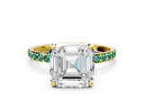 Yellow gold Asscher Cut Diamond Solitaire Ring with Round with Green Sapphire side stone Pavé Band and Prong Setting
