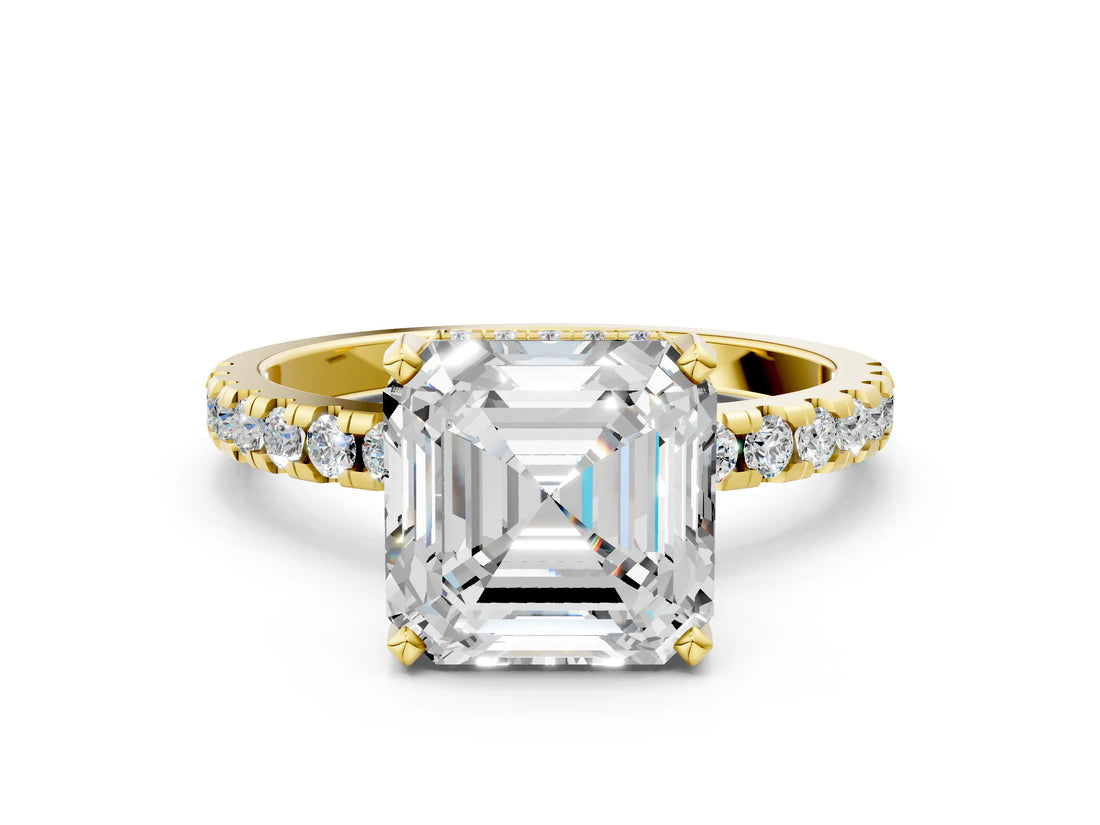 Yellow gold Asscher Cut Diamond Solitaire Ring with Round with Moissanite side stone Pavé Band and Four-Prong Setting_36