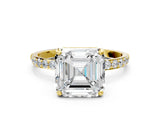 Yellow gold Asscher Cut Diamond Solitaire Ring with Round with Moissanite side stone Pavé Band and Prong Setting_12