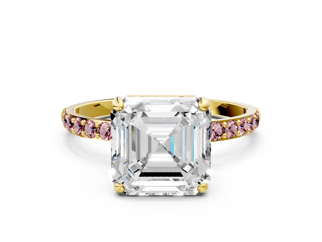 Yellow gold Asscher Cut Diamond Solitaire Ring with Round with Morganite side stone Pavé Band and Prong Setting_12