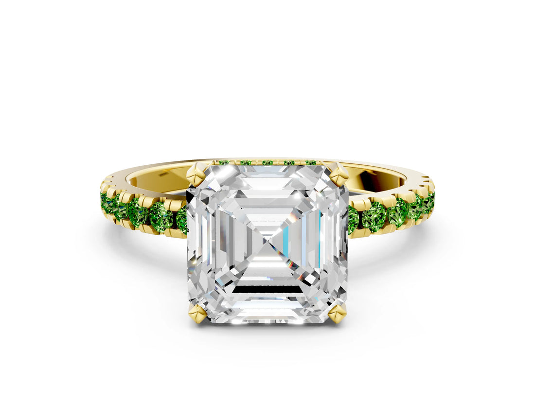 Yellow gold Asscher Cut Diamond Solitaire Ring with Round with Peridot side stone Pavé Band and Four-Prong Setting_36