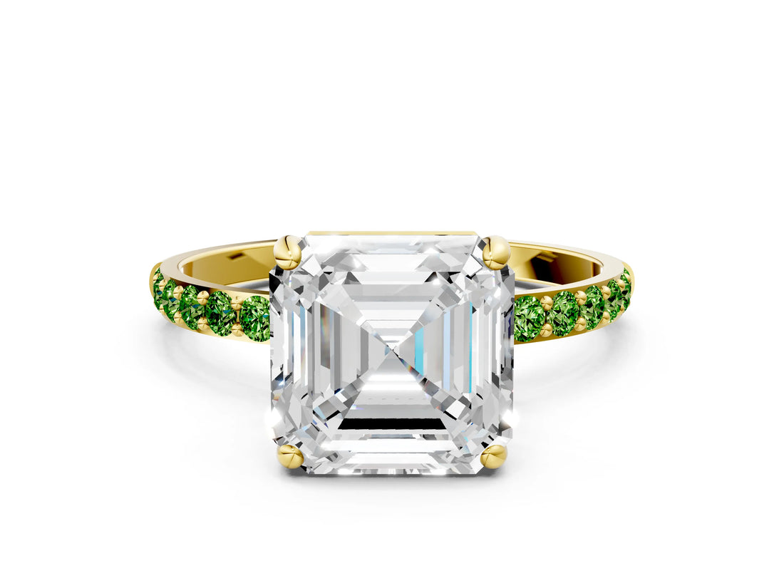 Yellow gold Asscher Cut Diamond Solitaire Ring with Round with Peridot side stone Pavé Band and Prong Setting