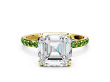 Yellow gold Asscher Cut Diamond Solitaire Ring with Round with Peridot side stone Pavé Band and Prong Setting