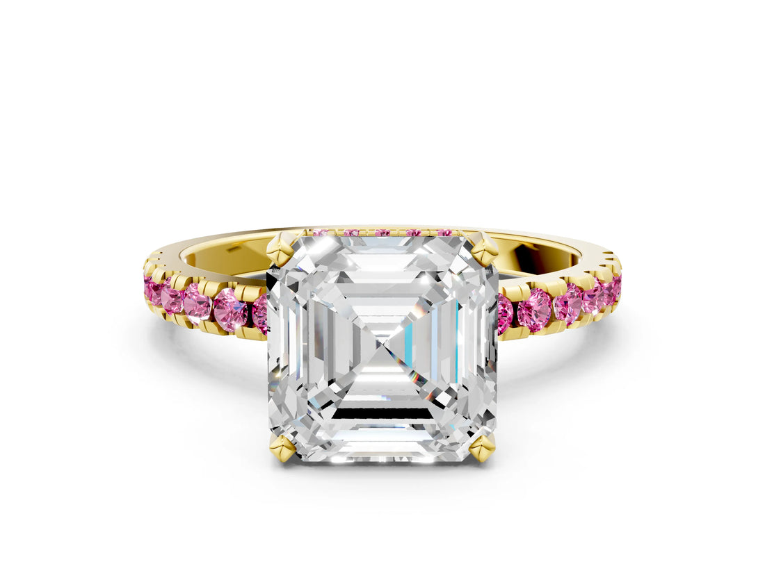 Yellow gold Asscher Cut Diamond Solitaire Ring with Round with Pink Sapphire side stone Pavé Band and Four-Prong Setting_36
