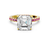 Yellow gold Asscher Cut Diamond Solitaire Ring with Round with Pink Sapphire side stone Pavé Band and Four-Prong Setting_36