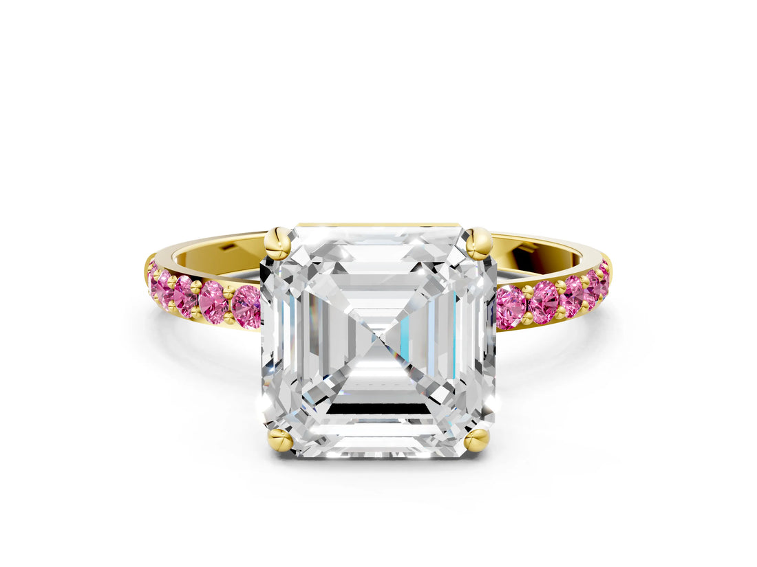 Yellow gold Asscher Cut Diamond Solitaire Ring with Round with Pink Sapphire side stone Pavé Band and Prong Setting_12