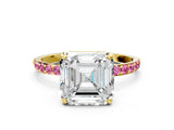 Yellow gold Asscher Cut Diamond Solitaire Ring with Round with Pink Sapphire side stone Pavé Band and Prong Setting_12