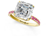 Yellow gold Asscher Cut Diamond Solitaire Ring with Round with Pink Sapphire side stone Pavé Band and Prong Setting_13