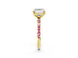 Yellow gold Asscher Cut Diamond Solitaire Ring with Round with Pink Sapphire side stone Pavé Band and Prong Setting_14