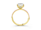 Yellow gold Asscher Cut Diamond Solitaire Ring with Round with Pink Sapphire side stone Pavé Band and Prong Setting_15