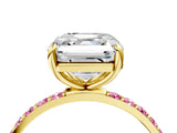 Yellow gold Asscher Cut Diamond Solitaire Ring with Round with Pink Sapphire side stone Pavé Band and Prong Setting_16