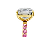 Yellow gold Asscher Cut Diamond Solitaire Ring with Round with Pink Sapphire side stone Pavé Band and Prong Setting_17