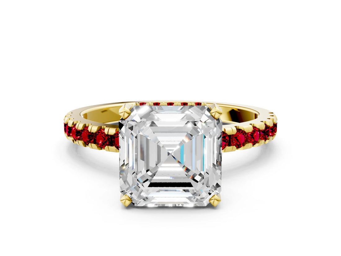 Yellow gold Asscher Cut Diamond Solitaire Ring with Round with Ruby side stone Pavé Band and Four-Prong Setting_36