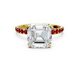 Yellow gold Asscher Cut Diamond Solitaire Ring with Round with Ruby side stone Pavé Band and Prong Setting_36