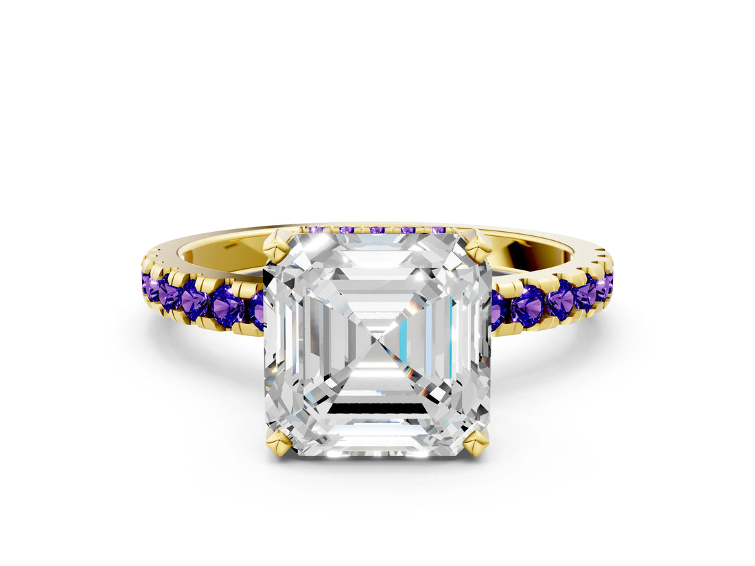 Yellow gold Asscher Cut Diamond Solitaire Ring with Round with Tanzanite side stone Pavé Band and Four-Prong Setting_36