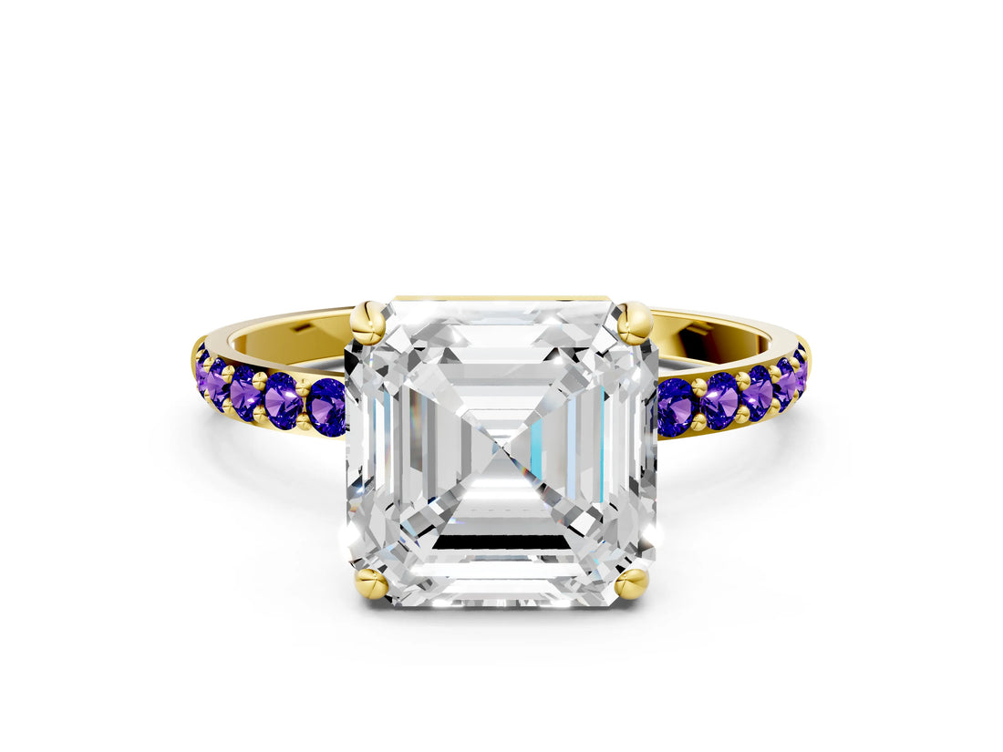 Yellow gold Asscher Cut Diamond Solitaire Ring with Round with Tanzanite side stone Pavé Band and Prong Setting_12
