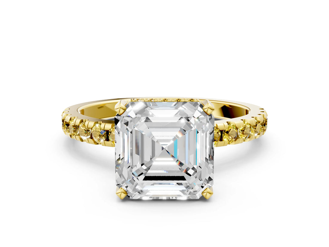 Yellow gold Asscher Cut Diamond Solitaire Ring with Round with Yellow Sapphire side stone Pavé Band and Four-Prong Setting_36
