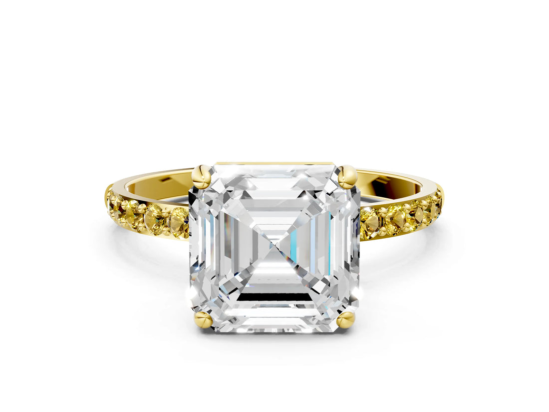 Yellow gold Asscher Cut Diamond Solitaire Ring with Round with Yellow Sapphire side stone Pavé Band and Prong Setting_12