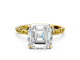 Yellow gold Asscher Cut Diamond Solitaire Ring with Round with Yellow Sapphire side stone Pavé Band and Prong Setting_12