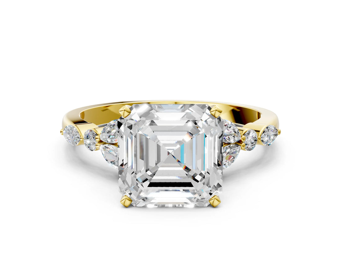 Yellow gold Asscher Cut Diamond Solitaire Ring with Side Stones and Four-Prong Setting_58