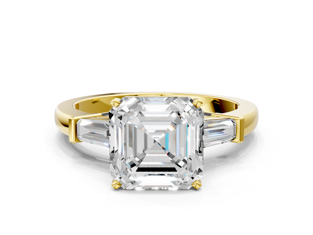 Yellow gold Asscher Cut Diamond Solitaire Ring with Tapered Baguette Accents and Four-Prong Setting_22