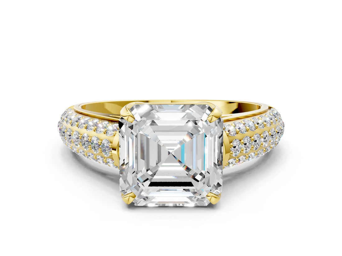 Yellow gold Asscher Cut Diamond Solitaire Ring with Three-Row Pavé Band and Four-Prong Setting_30