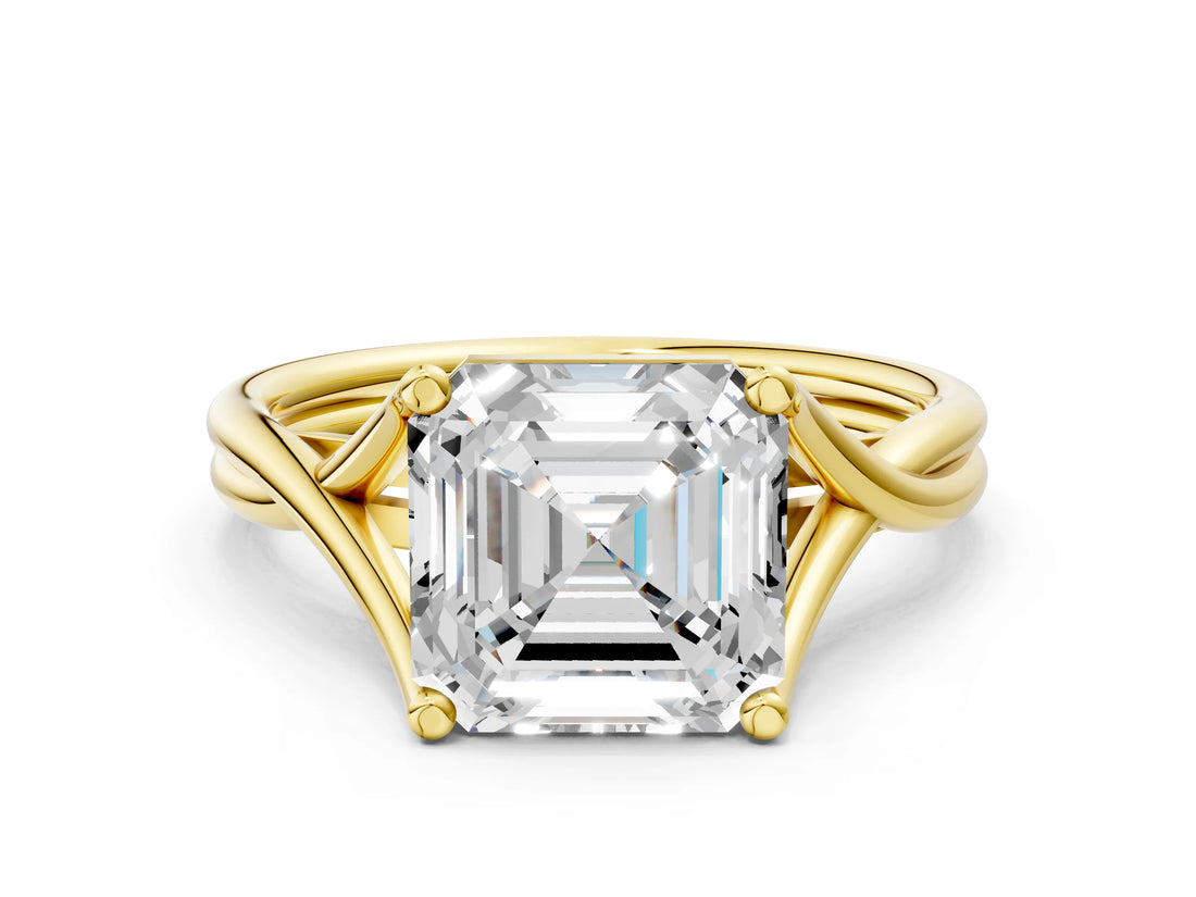 Yellow gold Asscher Cut Diamond Solitaire Twist Band Prong Setting Ring_43