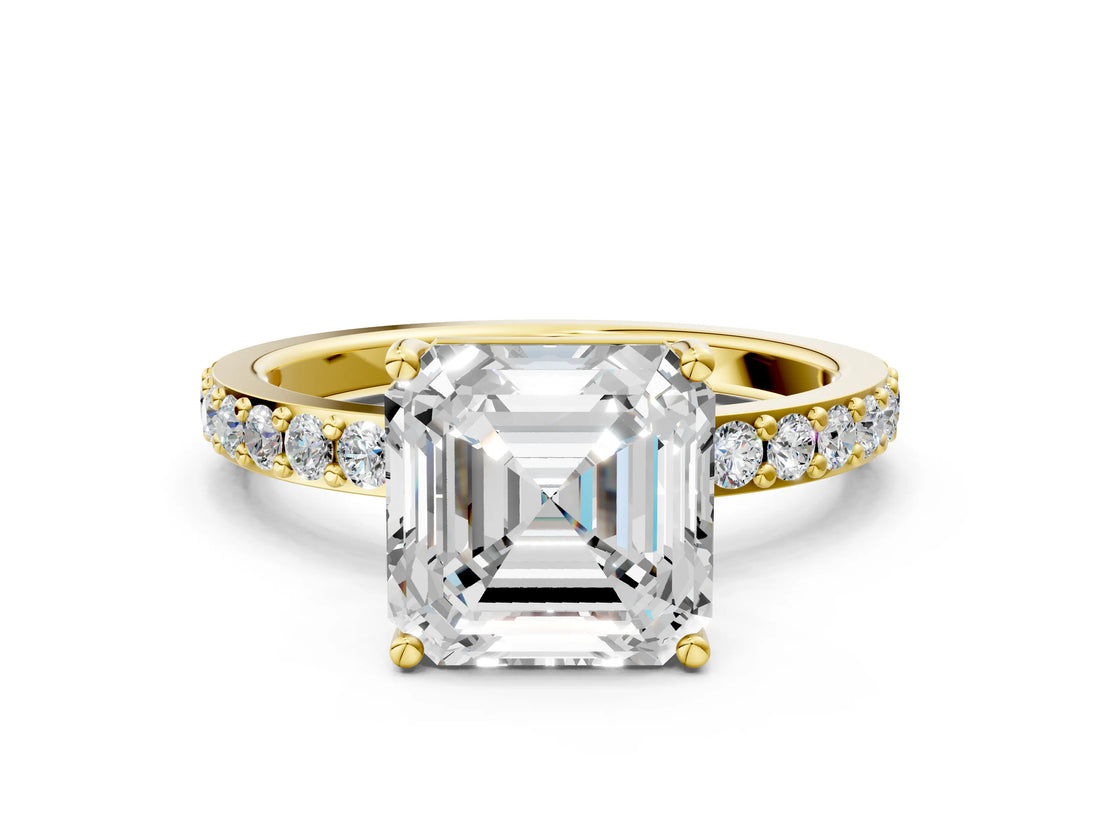 Yellow gold Asscher Cut Diamond Solitaire with Pave Band and Four-Prong Setting 6