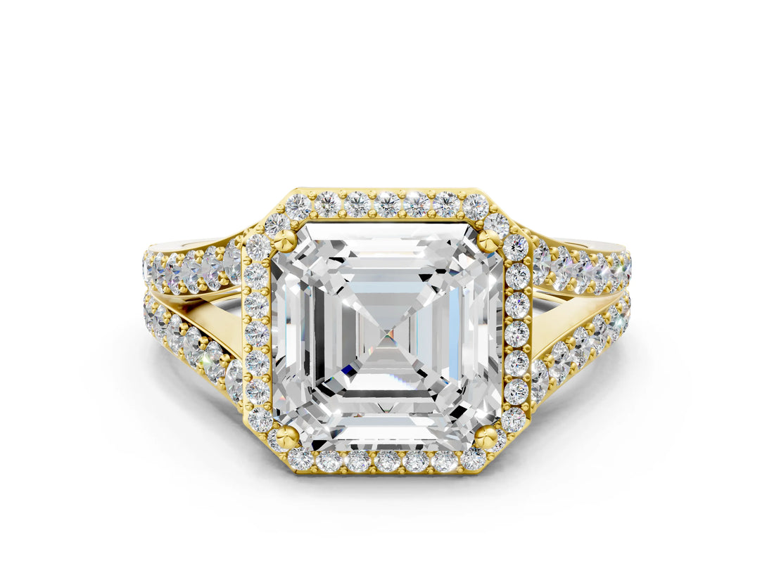 Yellow gold Asscher Cut Diamond Split Shank Halo Ring with Four-Prong Setting_45