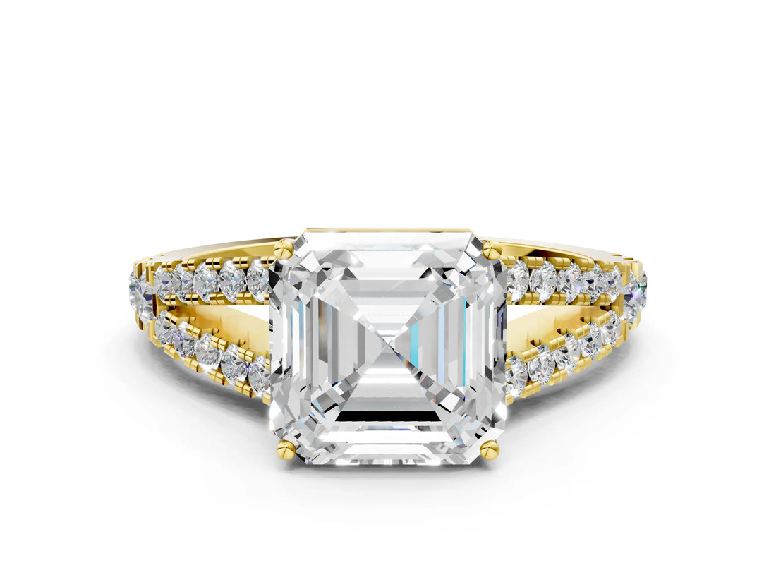 Yellow gold Asscher Cut Diamond Split Shank Pavé Engagement Ring with Four-Prong Setting_24