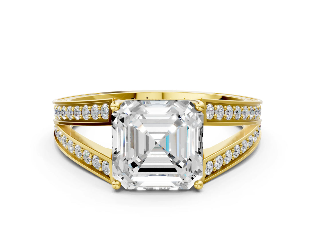 Yellow gold Asscher Cut Diamond Split Shank Ring with Pavé Band and Four-Prong Setting_40