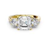 Yellow gold Asscher Cut Diamond Three-Stone Engagement Ring with Prong Setting and Pavé Band_3