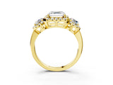 Yellow gold Asscher Cut Diamond Three-Stone Halo Ring with Prong Setting and Pavé Accents_12