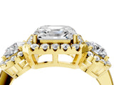 Yellow gold Asscher Cut Diamond Three-Stone Halo Ring with Prong Setting and Pavé Accents_13