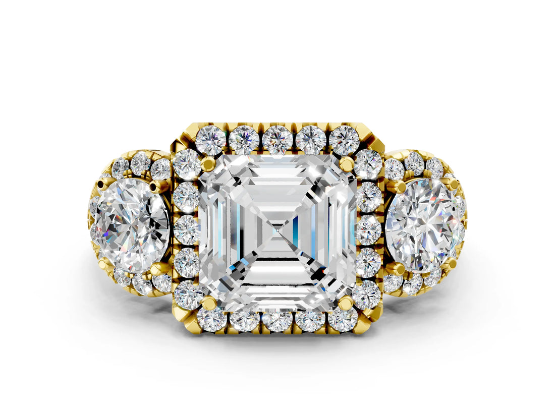 Yellow gold Asscher Cut Diamond Three-Stone Halo Ring with Prong Setting and Pavé Accents_9