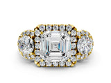 Yellow gold Asscher Cut Diamond Three-Stone Halo Ring with Prong Setting and Pavé Accents_9